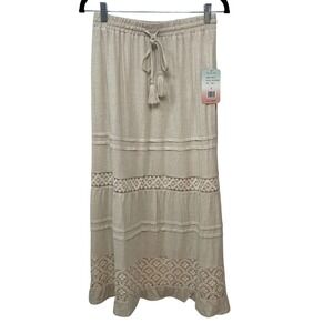 Palm Rio Oatmeal Linen Blend Tiered Crochet Lace Maxi Skirt S Boho Beach Cottage
